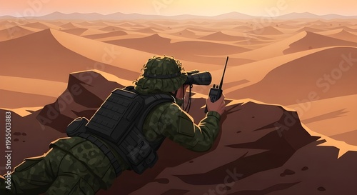 Military Reconnaissance in Desert Landscape | Flat Vector Illustration of Tactical Soldier with Binoculars | Army Scout Surveillance Operation | Desert iran and israel Warfare Concept