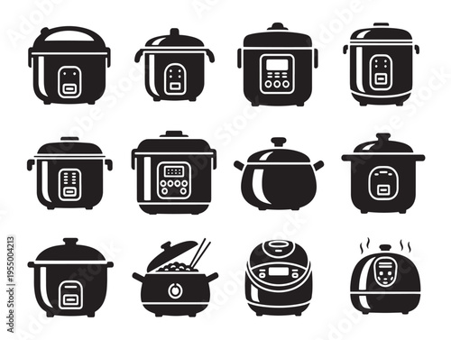 Black and white icons of various pots and pans