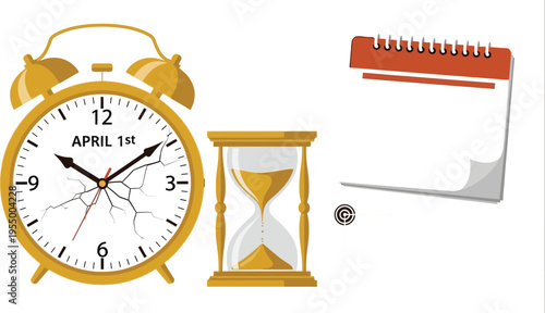 Alarm clock, hourglass, and blank calendar represent the passage of time and scheduling deadlines.