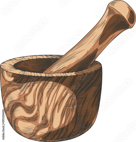 Wooden mortar and pestle sketch, pounder and herb grind mixture preparation hand drawn vector illustration