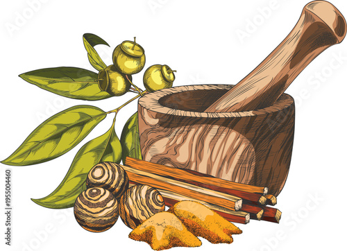Sandalwood tree cosmetics products sketch, vector hand drawn leaves and seeds, mortar, powder, wooden balls and sticks