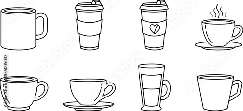Hand drawn coffee and tea cups collection in various artistic styles