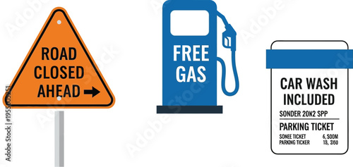 Collection of road signs and service graphics displays a road closed warning, a free gas pump icon, and a car wash inclusion ticket.