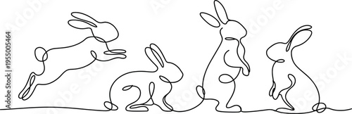 Cute hand-drawn rabbit family hopping together in playful line art illustration for Easter or children's design