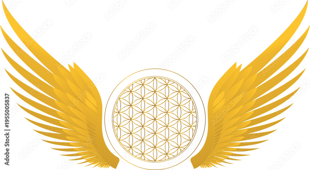 Obraz premium Kabbalah Golden Flower of Life with big angel wings. Elegant and harmony on a transparent background. Symbol spiritual and religion designs. 
