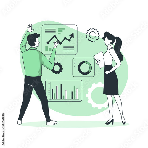 A successful cartoon businesswoman concept illustration featuring a young woman personified in cafe, office, and kitchen settings with business finance symbols and a computer