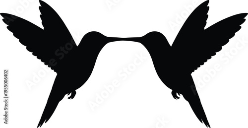 Symmetrical hummingbirds silhouette, facing each other, wings spread, beaks touching, harmony, balance, connection, nature illustration, vector design art