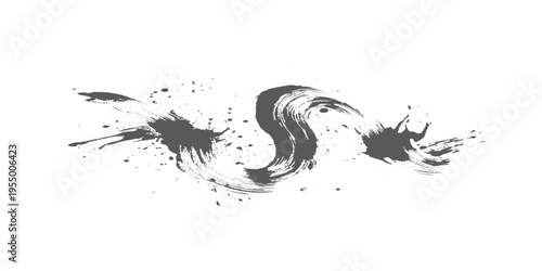 Abstract black ink brush stroke, dynamic splatter effect, bold calligraphy style, minimalist white background, expressive motion, high contrast, artistic texture vector illustration.