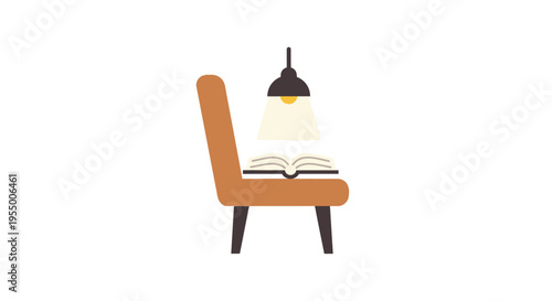 Brown chair with book and lamp.