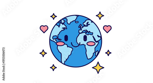 Cartoon Earth with smiling face.