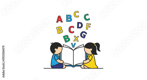 Children learning to read book.