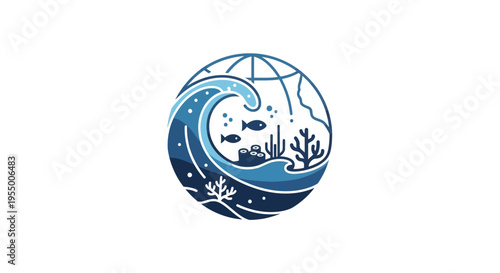 Cartoon polar bear in wave circle.