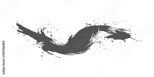 Abstract black ink brush stroke, dynamic splatter effect, bold calligraphy style, minimalist white background, expressive motion, high contrast, artistic texture vector illustration.