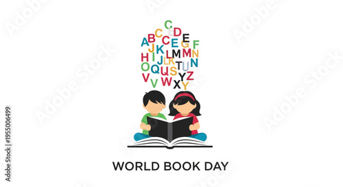 Children reading book with alphabet.