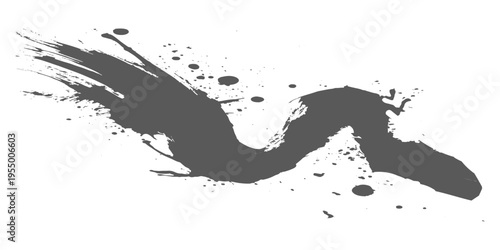Abstract black ink brush stroke, dynamic splatter effect, bold calligraphy style, minimalist white background, expressive motion, high contrast, artistic texture vector illustration.