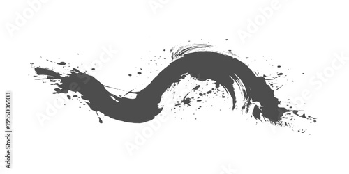 Abstract black ink brush stroke, dynamic splatter effect, bold calligraphy style, minimalist white background, expressive motion, high contrast, artistic texture vector illustration.