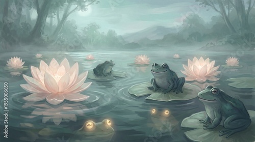 Cute Frogs on Lily Pads in Misty Pond, Fantasy Illustration