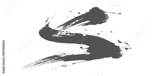 Abstract black ink brush stroke, dynamic splatter effect, bold calligraphy style, minimalist white background, expressive motion, high contrast, artistic texture vector illustration.