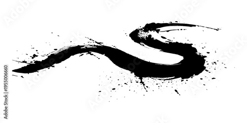 Abstract black ink brush stroke, dynamic splatter effect, bold calligraphy style, minimalist white background, expressive motion, high contrast, artistic texture vector illustration.
