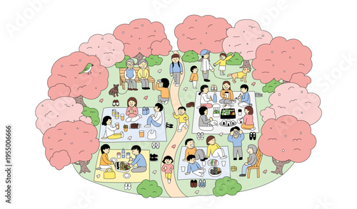 公園で集まって食事や会話を楽しむ人々のイラスト｜屋外レジャーとコミュニティの風景