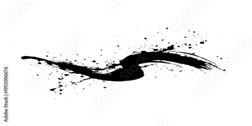 Abstract black ink brush stroke, dynamic splatter effect, bold calligraphy style, minimalist white background, expressive motion, high contrast, artistic texture vector illustration.