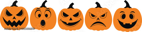 Five orange jack-o'-lanterns display various spooky and surprised facial expressions across a white background.