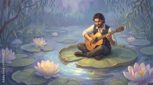 Man Playing Guitar on Lily Pad in Dreamy Pond, Fantasy Music Scene