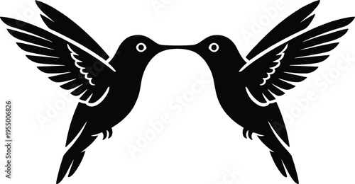 Symmetrical silhouette of two hummingbirds facing each other, beaks touching, mirrored wings spread outward, symbolizing unity, balance, harmony, connection