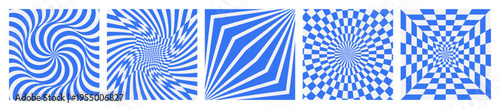 Groovy Psychedelic Op Art Background Set. 60s 70s 90s Y2K Abstract Swirl Spiral Checker Optical Illusion Vector Templates