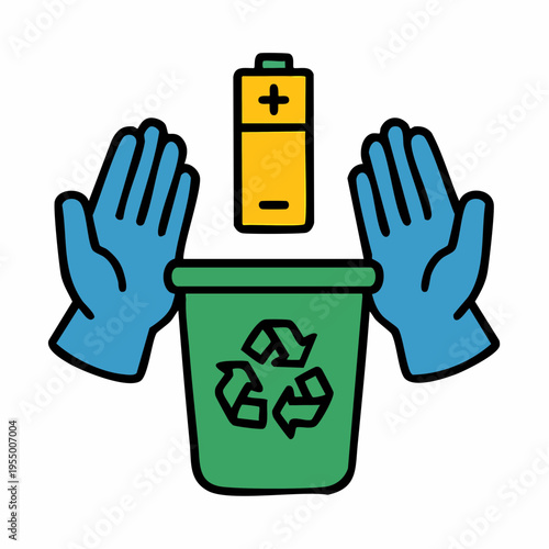 Illustration of battery recycling with protective gloves and a green bin, symbolizing safe electronic waste disposal and environmental responsibility