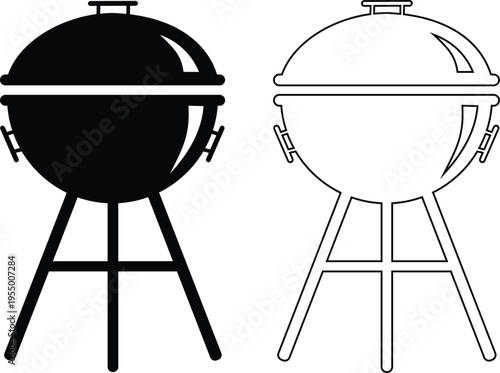 BBQ grill icon set with barbecue equipment, charcoal grill, cooking tools and outdoor grilling symbols, barbecue food preparation icons in solid and outline style vector isolated on transparent backgr