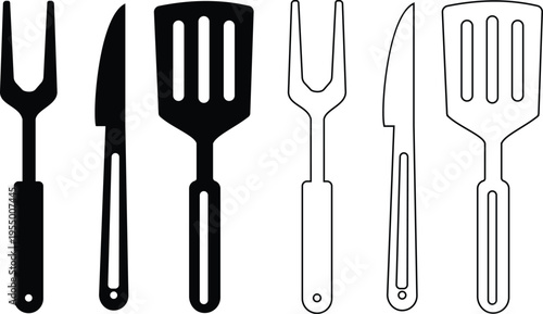 Black kitchen utensil icon set collection group, fork knife spatula cooking tools symbols, flat and line style vector, cutlery equipment icons, food preparation utensils pack