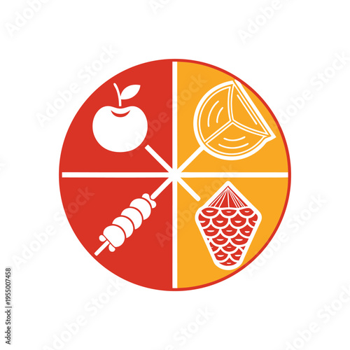 Abstract circle design with four different food icons representing a balanced diet concept