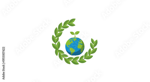 Earth Globe with Green Leaves Wreath.