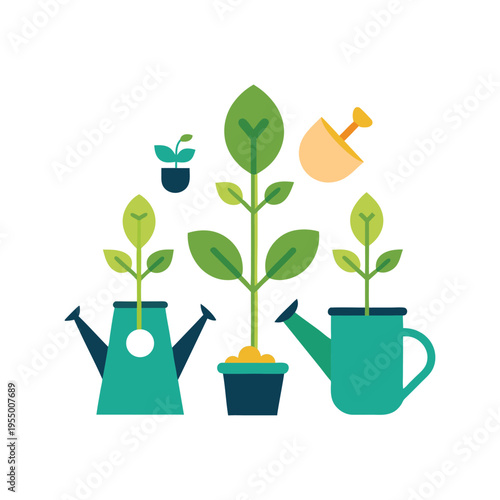 Flat design illustration of growing plants in watering cans and pots with a shovel isolated on transparent background