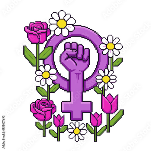 Feminist Symbol with Flowers and Fist.