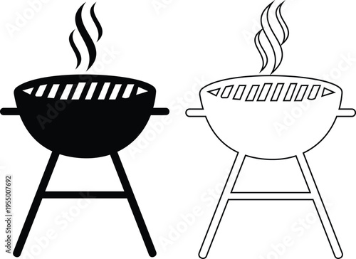 BBQ grill icon set with barbecue equipment, charcoal grill, cooking tools and outdoor grilling symbols, barbecue food preparation icons in solid and outline style vector isolated on transparent backgr