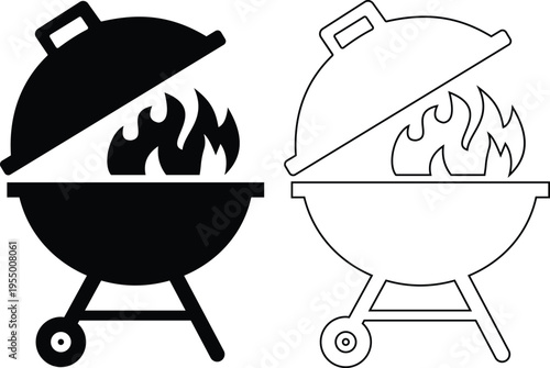 BBQ grill icon set with barbecue equipment, charcoal grill, cooking tools and outdoor grilling symbols, barbecue food preparation icons in solid and outline style vector isolated on transparent backgr