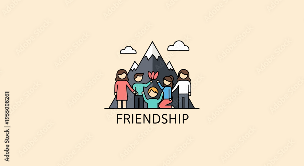 Fototapeta premium Diverse group of friends hugging under friendship mountain symbol in flat design illustration