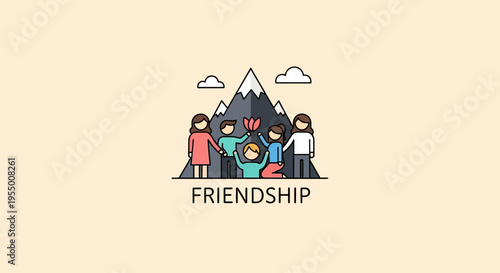 Diverse group of friends hugging under friendship mountain symbol in flat design illustration
