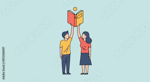 Two students holding up an open book, symbolizing education, knowledge, and learning achievements