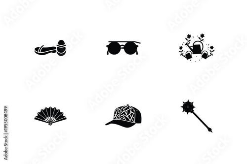 Black of flip flops sunglasses watering can fan baseball cap and mace