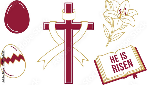A collection of maroon and white religious symbols including a cross, Easter eggs, a lily, and an open Bible stating 'He is Risen'.