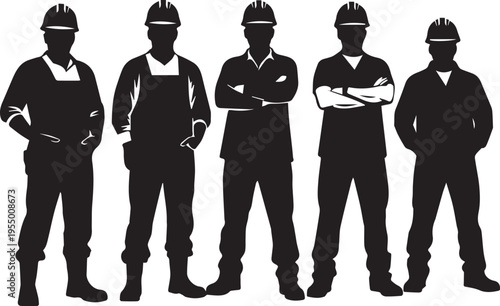 Industrial construction workers standing in protective safety gear set