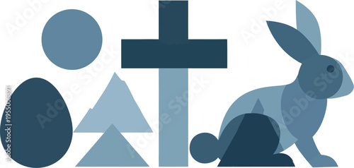Geometric abstract symbols representing Easter, including a cross, rabbit, sun, and egg, rendered in monochromatic blue tones.