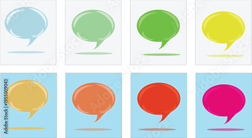 Set of colorful vector balloon speech bubbles and web icons featuring design labels and chat stickers in a circular template illustration on white