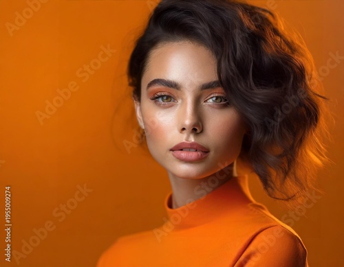 Studio portrait of woman with voluminous hair and orange tones