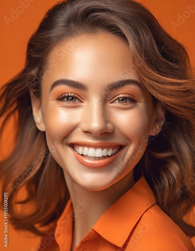 Smiling close up portrait of woman with orange blouse and glossy makeup