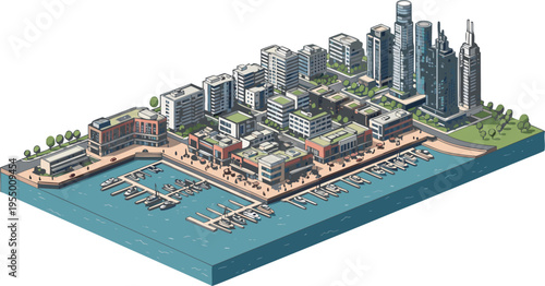Isometric vector illustration of a modern coastal city marina with skyscrapers, docked yachts, and waterfront promenade.