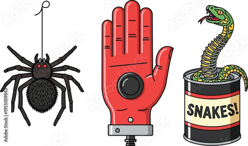 Three distinct novelty items are displayed: a large black spider hanging by a thread, a red electronic clapping hand device, and a snake emerging from a labeled can.